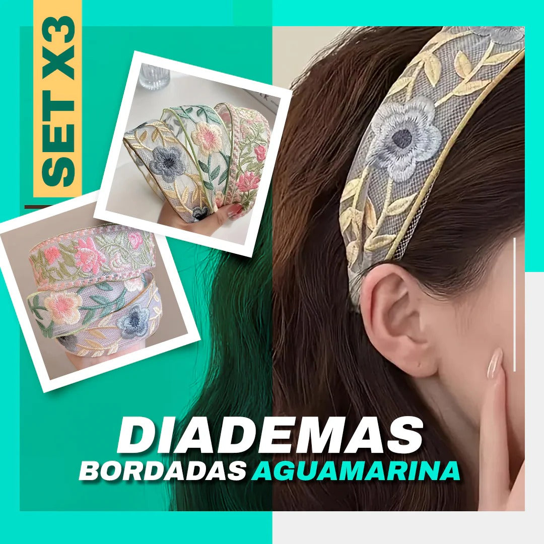 SET X3 DIADEMAS BORDADAS AGUAMARINA + Regalo diadema adicional