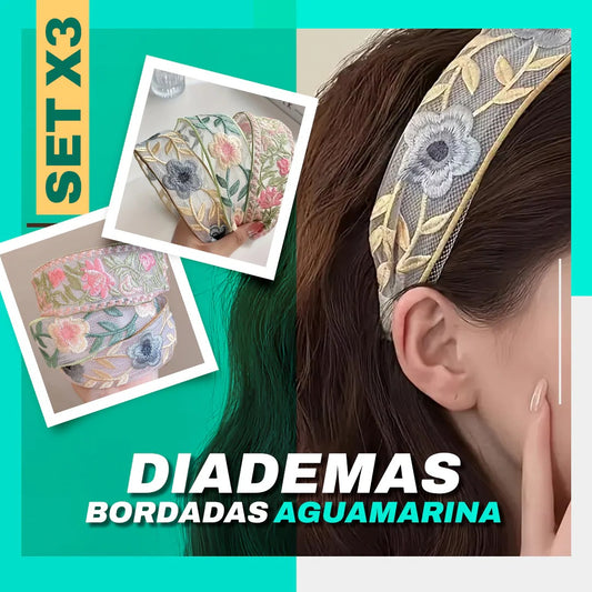 SET X3 DIADEMAS BORDADAS AGUAMARINA + Regalo diadema adicional