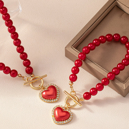 COLECCION EXCLUSIVA! SET DE COLLAR Y BRAZALETE DE PERLAS ROJAS LOVE