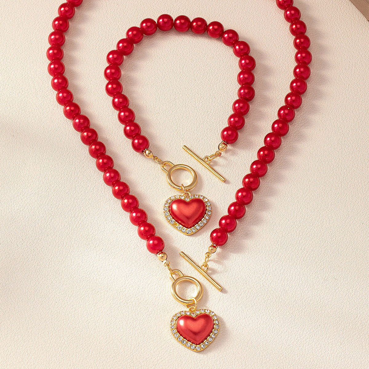 COLECCION EXCLUSIVA! SET DE COLLAR Y BRAZALETE DE PERLAS ROJAS LOVE