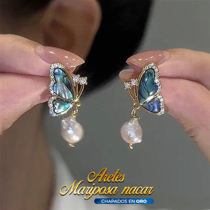 JOYERÍA EXCLUSIVA! ARETES EN BAÑO DE ORO MARIPOSA NACAR Y PERLA 🦋